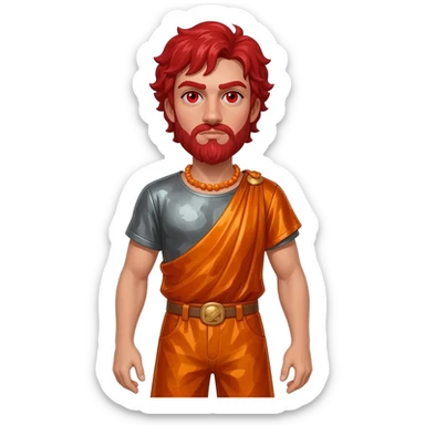 Hephaestus from Greek Mythology with red eyes, red hair, burnt orange metallic shirt, burnt orange metallic baggy pants, orange necklace sticker