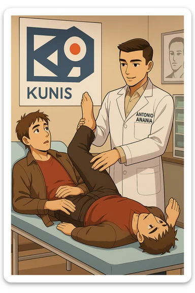 fai un webtoon manga a colori con questo stile, in cui un uomo è steso sul lettino medico e il kinesiologo con il camice bianco (fagli anche la scritta "ANTONIO ANANIA" SUL CAMICE, gli solleva una gamba per fargli il test neuromuscolare, IL KINESIOLOGO SPIEGA ALL'UOMO UNA cosa mentre gli alza la gamba. non fare i fumetti però, fai solo in modo che sembri stiano parlando, il lettino fai in modo che si veda tutto intero sticker