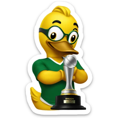 Oregon duck caressing a trophy sticker