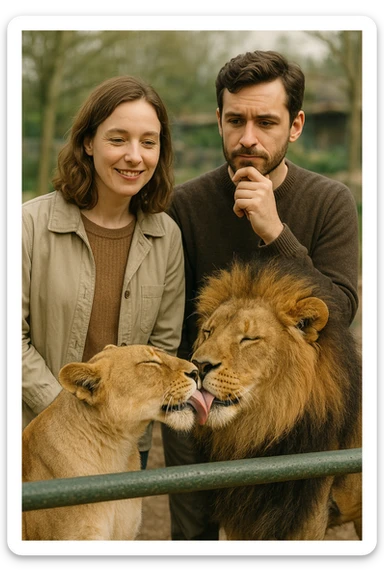 Vertical format: A couple at a zoo observing two lions affectionately licking each other, the woman smiling and the man mentally taking notes, atmosphere of curiosity. sticker
