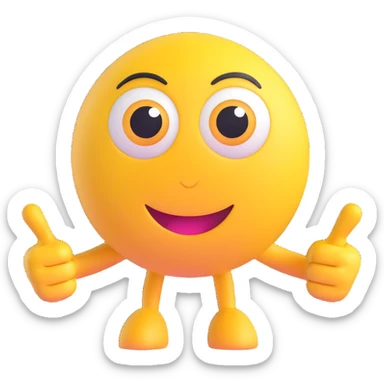 A yellow round emoji character with big eyes and a confident smile, clearly pointing both index fingers at itself. Strong “ME!” expression. Bold cartoon style, isolated on white sticker