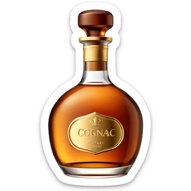 bottle of cognac, small elegant glass bottle with amber-brown liquid, rounded or classic tapered shape, short neck, gold or dark cap, clear slightly reflective glass, rich color of spirit, minimal or blank label, clean 3D look, soft lighting, no glass or extra elements, no faces, emoji scale sticker