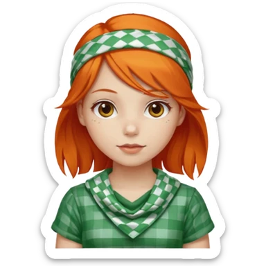 girl orange hair, wear red and white checkered bandana, green dress sticker
