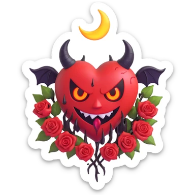 3D emoji devil heart, purple glass, sharp devil horns, pointed tail, glowing eyes, black roses, crescent moon accent, lightning, rain-soaked, cracked glass texture, blood dripping from cracks sticker