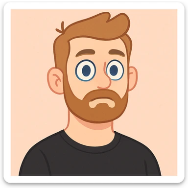 man with short light brown hair styled upward, beard and mustache, fair skin, large blue eyes, neutral facial expression, wearing black shirt, soft pastel illustration style sticker