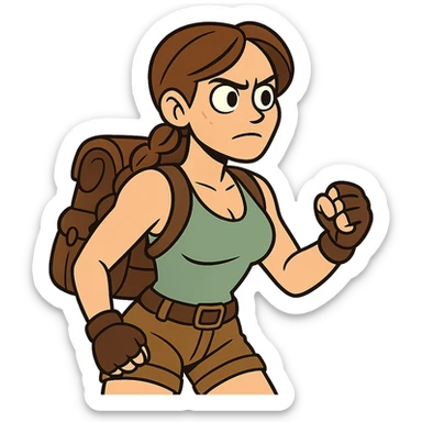 Cartoon explorer woman inspired by Lara Croft, with backpack, gloves, brown hair in braid, determined look sticker