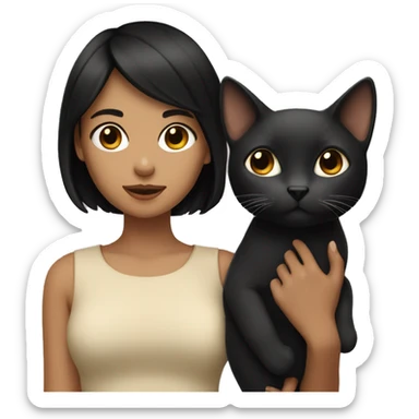 A girl with short black hair holding a beige cat sticker