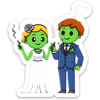 Full body view of person in fancy clothes sneaking into a wedding ceremony with a mischievous grin, uninvited guest, smoking cannabis sticker