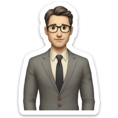 Full height Pale skinned Fit Man With dark brown hair in classic gray suit, beige office shirt, dark gray tie, and vintage glasses. Thrumbs of his palms directed up sticker