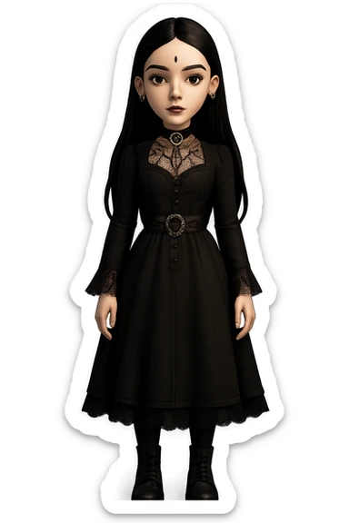 Make the woman more attractive with facial piercings, remove her fringe, dress her in gothic clothing, keep her pale skin and long straight black hair, standing still, with no background. sticker