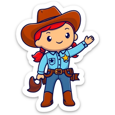 A cartoon stuffed cowgirl toy with freckles, red hair and a star-shaped badge sticker