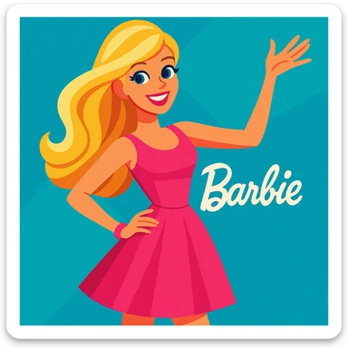 Barbie, classic doll with blonde hair, pink dress, cheerful expression, in a playful pose, vibrant colors, modern cartoon style sticker