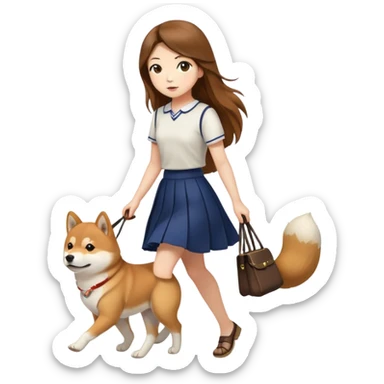 A girl with long brown hair and a skirt walking a Shiba Inu sticker