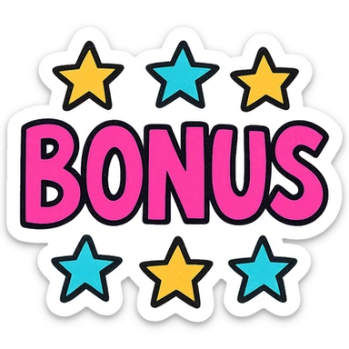 the word BONUS in large letters, all the same bright color, surrounded by stars, no background or sign behind, just the letters and stars, colorful style sticker