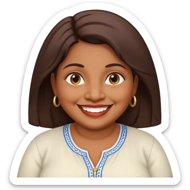 50 yr old chubby Sri Lankan woman, dark skin, straight brown hair, big smile, white teeth, european clothes, hair sticker