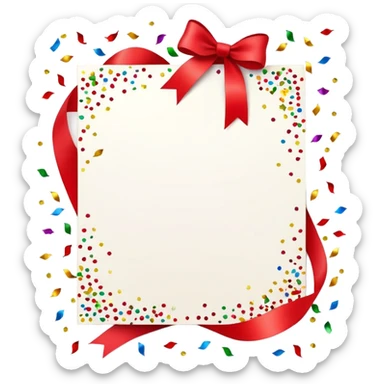festive invitation card with a ribbon and colorful confetti around it sticker