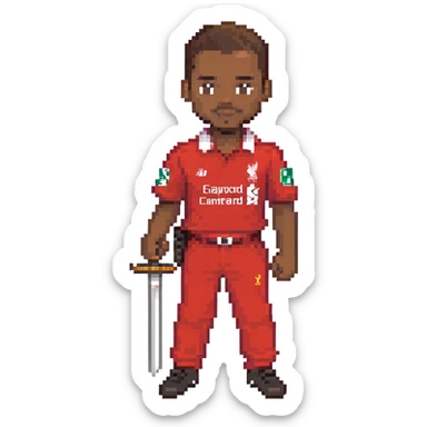 A black man holding a sword, wearing a Liverpool FC shirt and trousers sticker