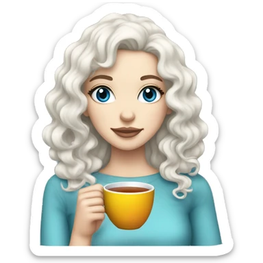 White Girl black curly hair blue eyes sipping tea sticker