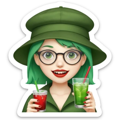vampire green hair Drink holders with hat, wearing glasses, female,,teeth looks like vampire sticker