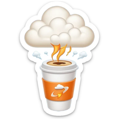 Emoji-style sticker of a takeaway coffee cup with rocket thrusters launching, steam forming a tiny cloud, playful but minimal, bold outline, soft shadows, flat 2.5D, glowing exhaust, transparent background, no text, high-res. sticker