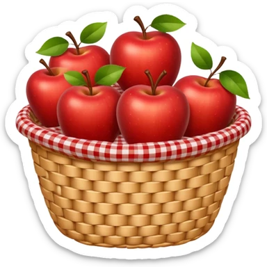 woven basket with apples and white checkered cloth, yellow sticker