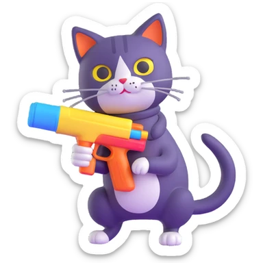 cat with a cartoonish water gun sticker