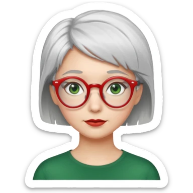 visage femme a lunettes fine ronde rouge avec cheveux courts gris-blancs aux yeux verts sticker