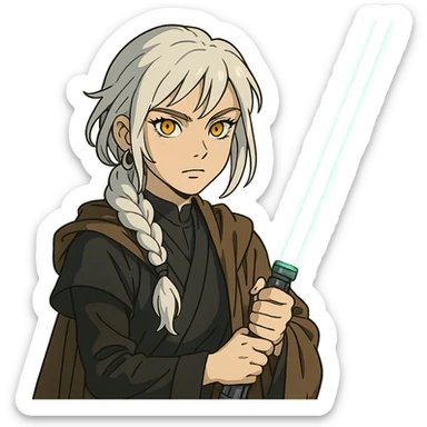  a closeup portrait of young woman with gold yellow eyes, white hair, long braid, black off-shoulder top, punk gothic style, futuristic cyberwave cyberpunk,  jedi attire and posture robes of a padawan, foreweilding a bright blue-green lightsaber sticker