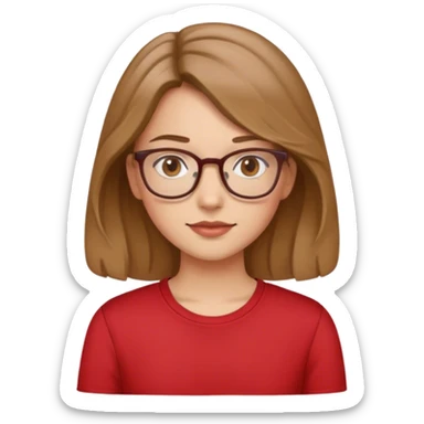 Girl with slighly wavy light brown hair, brown eyes and glasses, red shirt sticker