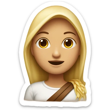 Chica rubia tapada con una manta marrón mientras lee sticker