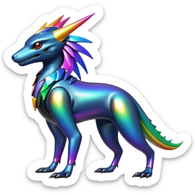Oil-Slick Rainbow-Dark Metallic-Glossed Sleek Futuristic Cyber-Nargacuga-Vernid fusion creature (full body) sticker