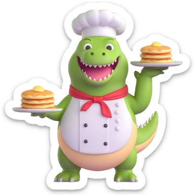 chubby dinosaur flipping pancakes, chef outfit, 3d emoji style sticker