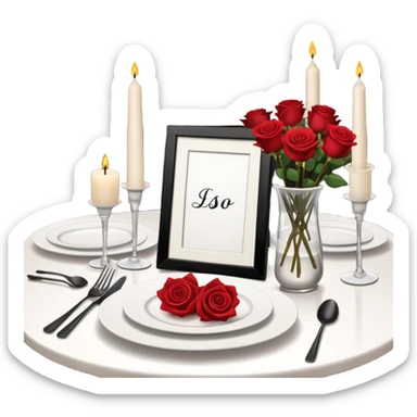 a chic restaurant, on the table there is a set of beautiful white dishes, candles are burning, next to it there is a bouquet of roses sticker