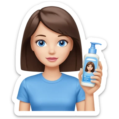 Barbie girl with makeup, blue eyes , and bob long haircut, short brown hair in creamy color T-shirt, holding a facial Wash Cream in her hand sticker