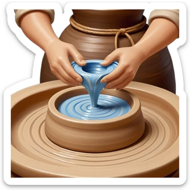 Cinematic Realistic image of a ceramic pottery wheel in action, with skilled hands shaping wet clay into a graceful form, featuring intricate details of swirling textures and gentle water splashes, illuminated by soft, artisanal lighting sticker