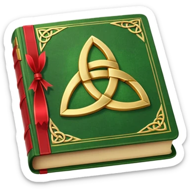a green closed book with a golden triquetra on it with a red ribbon between the paged sticker