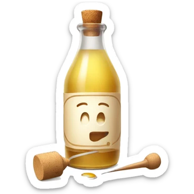 bottle of vinegar with the cork and a nozzle; spoon is laying neat the bottle sticker