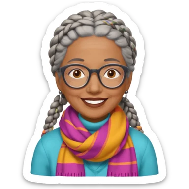 Older woman of color with gray braids, glasses and smiling sticker
