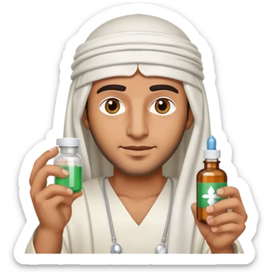 Arab man wearing traditional headdress holding medicine bottle or pill sticker