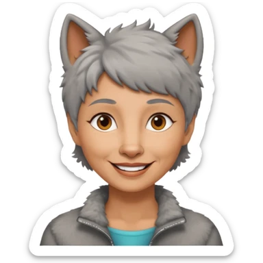 woman 50 years old, short grey fluffy wolf-cut hair, tannes skin and brown eyes sticker