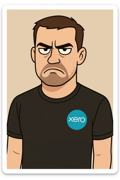 Create a cartoon style image of a man with short brown hair, wearing a black Xero t-shirt, with a not amused expression. Use a simple background. sticker