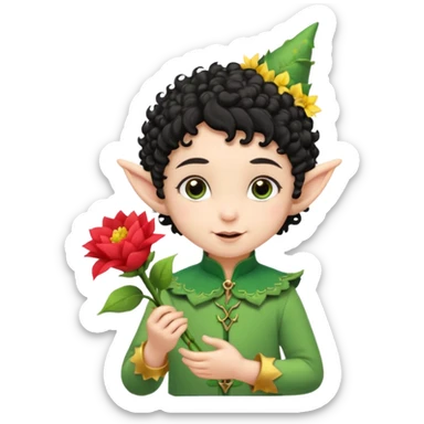Tiny elf baby black curly hair with pointy ears, hold flowers sticker