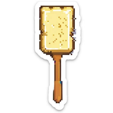 whimsical pixel art of a butter slice at an auction, raising a paddle to bid sticker