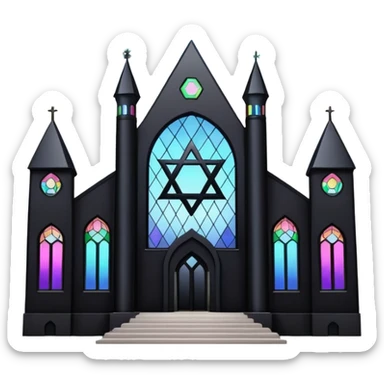 jewish synagogue temple in dark goth aesthetic style with black building and very light rainbow tint glass windows and star of david and celestial symbolism sticker