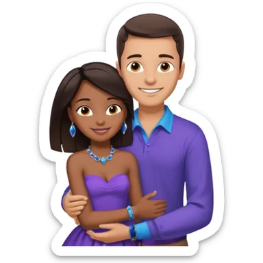Tan tall brunette European male in blue shirt smiling and hugging a jet black African girl in purple strapless dress and blue jewelry they are on a beach with palm trees sticker