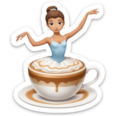 Ballerina dancer emerging from cappuccino foam, graceful pose, coffee cup sticker