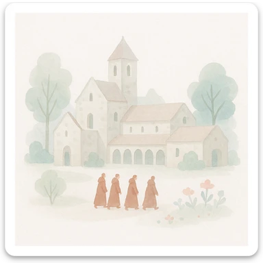 medieval monastery, watercolor style, old stone building, monks walking, trees and flowers, soft light sticker