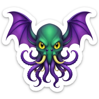 deep green Cthulhu with purple bat wings and purple gradient tentacles. Yellow angry eyes. yellow suckers on tentacles. dramatic ominous shading. two saber-teeth sticker