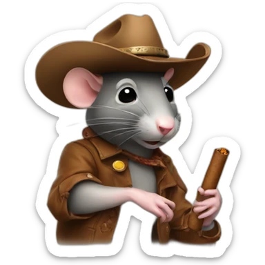 A rat wearing a cowboy hat and holding a cigar sticker