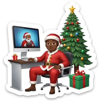 Informaticien homme noir full-body, week-end détente, assis à son bureau moderne avec ordinateur affichant du code.. À côté de lui, le Père Noël souriant, sapin illuminé et cadeaux autour. sticker